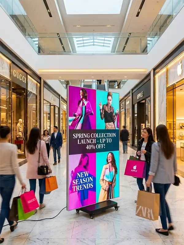 Adhaiwell double-sided portable P2.5 LED poster display shown inside a high-end shopping mall with motion-blurred shoppers and luxury storefronts. The screen is active, displaying a vibrant 'SPRING COLLECTION LAUNCH' with 'ONE-CLICK APP PUBLISH' text, powered on a mobile base with casters.