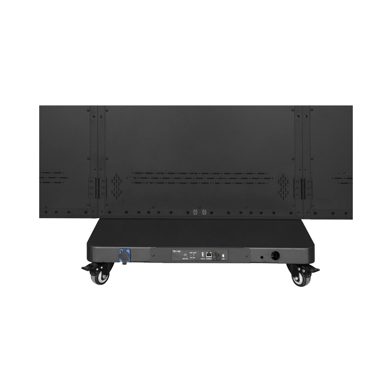 Detailed view of Adhaiwell tri-fold LED poster base featuring heavy-duty 360° swiveling gravity casters with safety brakes and integrated connectivity panel (HDMI, LAN, Power). The foldable LED screen is shown in multiple states of expansion on a reinforced mobile platform.
