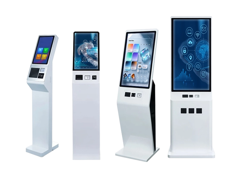 Multifunctional queue management kiosk with built-in thermal printer, QR code scanner, and IC card reader for smart banking and hospitals.