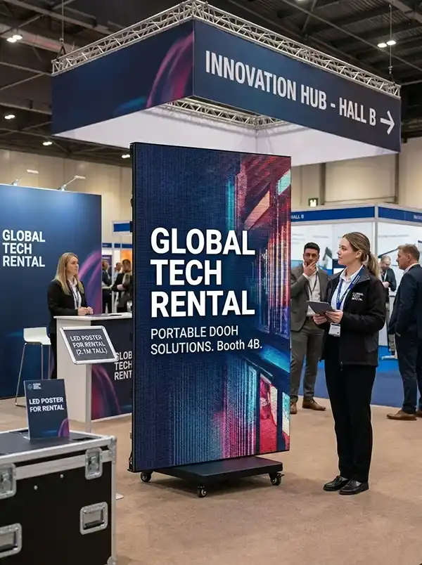 A 2.1-meter tall portable LED poster screen on wheels showcased at a busy trade show exhibition booth, demonstrating its scale next to a professional staff member.