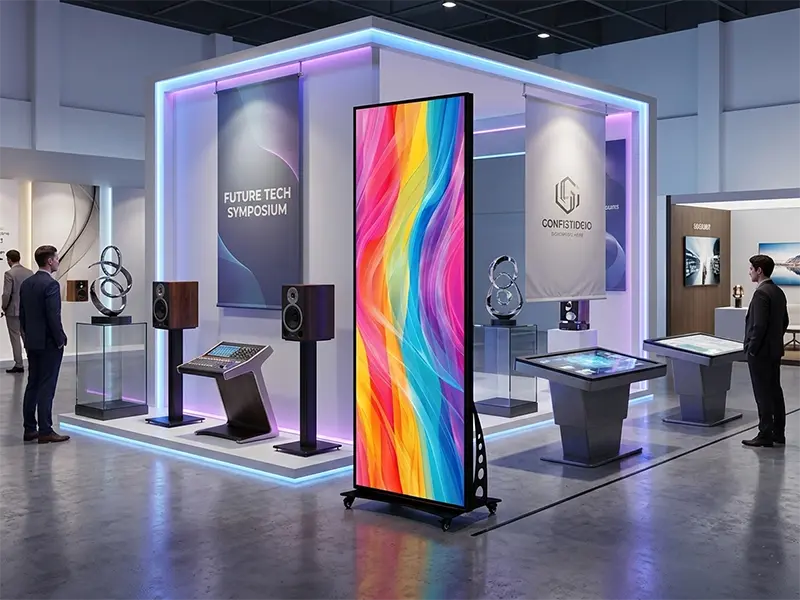 A slim digital LED poster screen standing in a modern tech exhibition booth, displaying vibrant colorful abstract graphics.