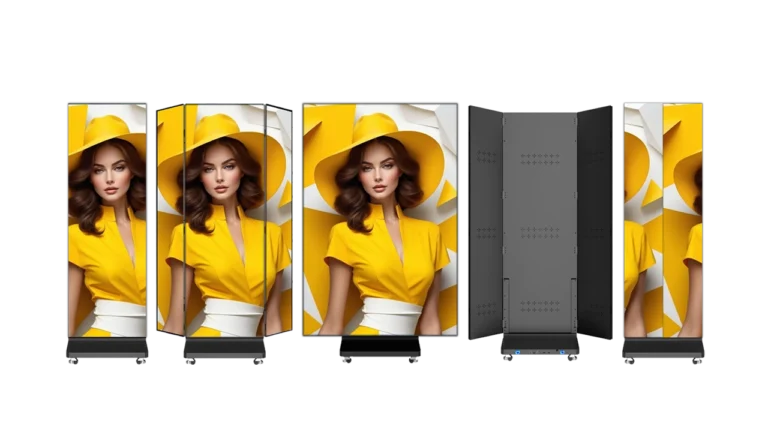 Tri-fold foldable P2.5 LED poster screen by Adhaiwell, shown in various states: folded single panel (640mm), half-unfolded, and fully-extended large screen (1280x1920mm) on casters.
