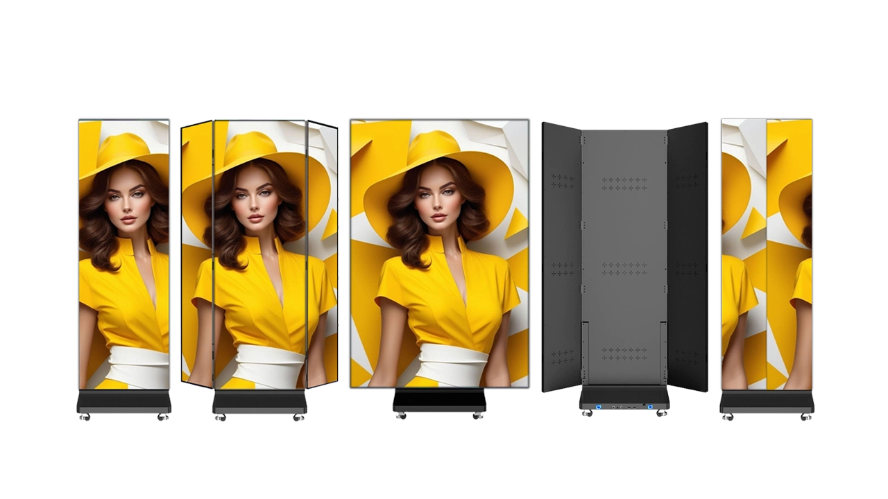 Tri-fold foldable P2.5 LED poster screen by Adhaiwell, shown in various states: folded single panel (640mm), half-unfolded, and fully-extended large screen (1280x1920mm) on casters.