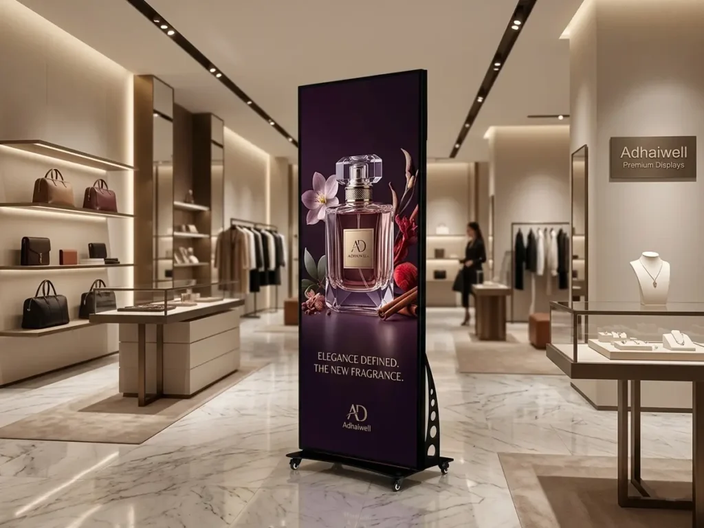 A smart LED poster showing a perfume advertisement inside a luxury boutique retail store with high-end fashion accessories.