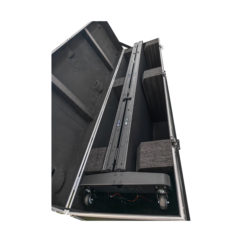 Internal view of a heavy-duty flight case custom-designed for the Adhaiwell tri-fold LED poster. The image shows the side-folding LED screen securely packed with high-density EVA foam protection and heavy-duty casters, ensuring shockproof international sea and air freight.