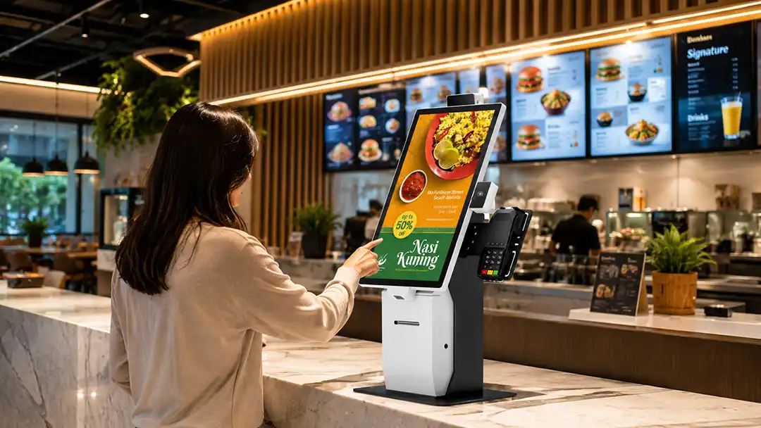 OEM QSR ordering hardware from China factory Adhaiwell, integrated with local EMV payment bracket and receipt printer.