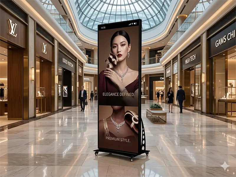 A premium digital LED poster display featuring a luxury jewelry advertisement in the center of a high-end commercial shopping mall.