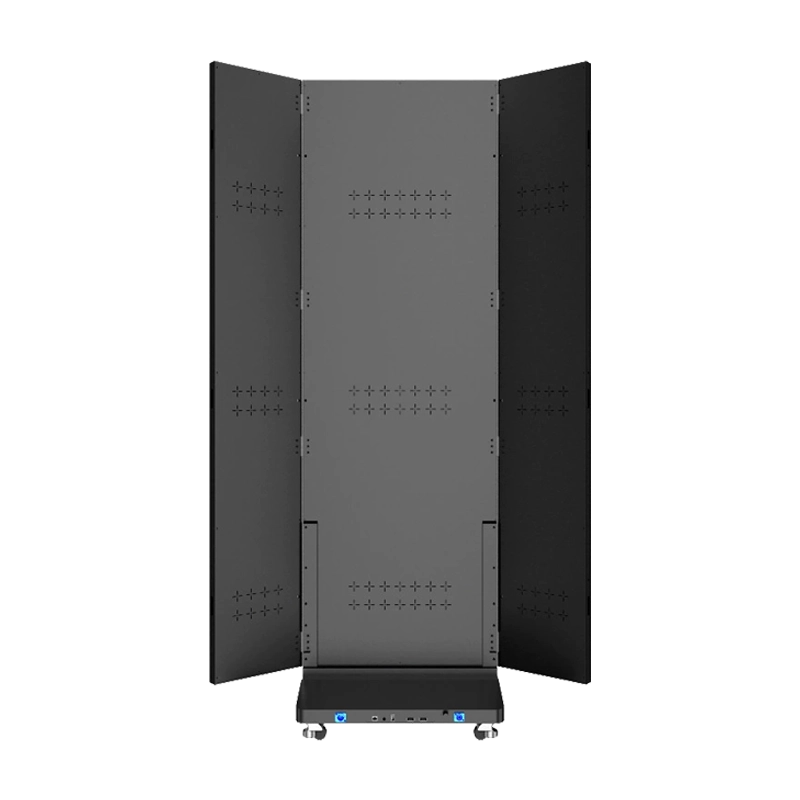 Adhaiwell side-folding LED display demonstration. The image shows the tri-fold transition from a 1280mm wide seamless large screen to a 640mm double-sided totem via a robust modular hinge system on a mobile base with casters.