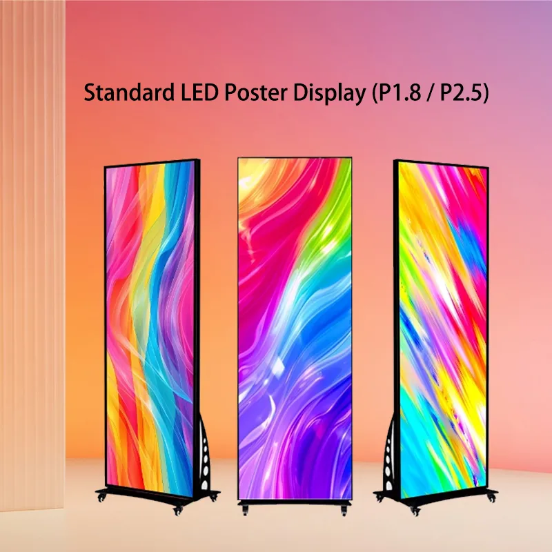 Three slim indoor LED poster displays with P1.8 and P2.5 pixel pitch showing vibrant colorful abstract graphics on wheeled floor stands.