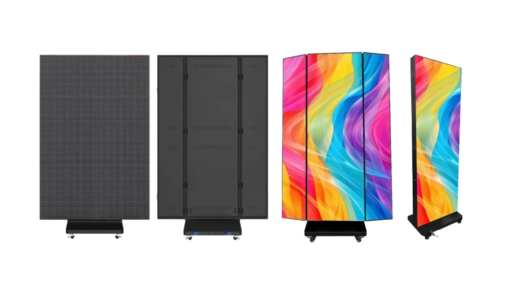 Adhaiwell P2.5 tri-fold LED poster screen showing the side-folding mechanism. Images display the seamless 1280mm large front display, the robust rear modular hinge system, and the transformation into a mobile double-sided digital totem on casters.