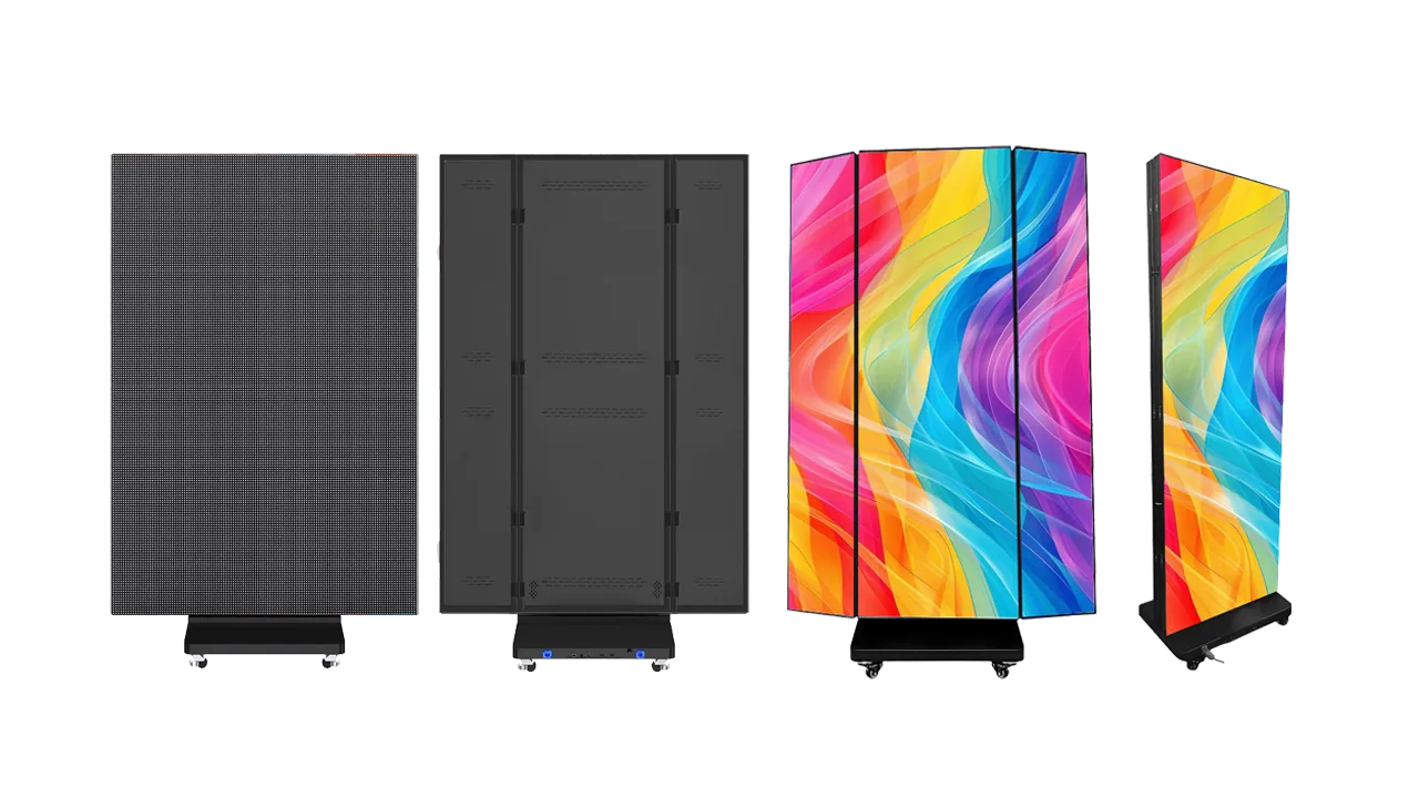 Adhaiwell P2.5 tri-fold LED poster screen showing the side-folding mechanism. Images display the seamless 1280mm large front display, the robust rear modular hinge system, and the transformation into a mobile double-sided digital totem on casters.