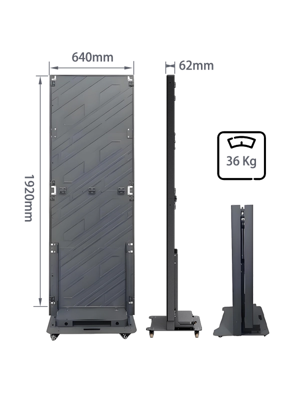 Adhaiwell ultra-light ultra-slim standing LED poster display technical drawing, showing 1920x640x62mm dimensions, 36kg weight, back panel structure, and foldable wheeled base for retail, event rental and fast deployment