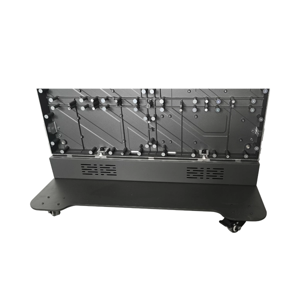 Adhaiwell die-cast aluminum LED poster display back view, showing precision screw structure, built-in bottom audio holes, heat dissipation vents, and heavy-duty wheeled base for event rental and retail applications