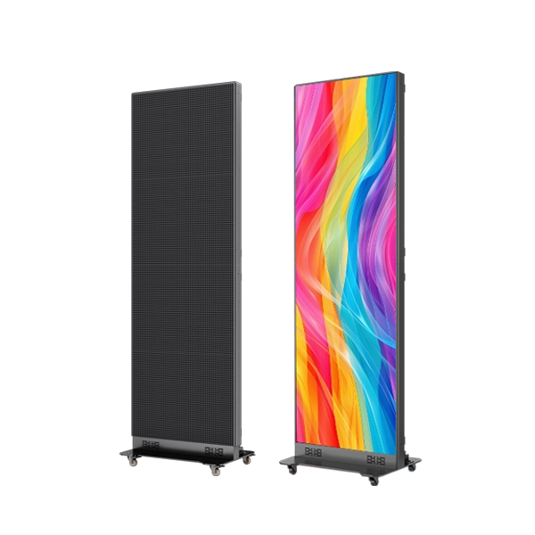 Adhaiwell slim standing LED poster display with built-in bottom audio, lockable wheels, die-cast aluminum frame, shown in black panel and full-color display views for retail, event rental and fast deployment