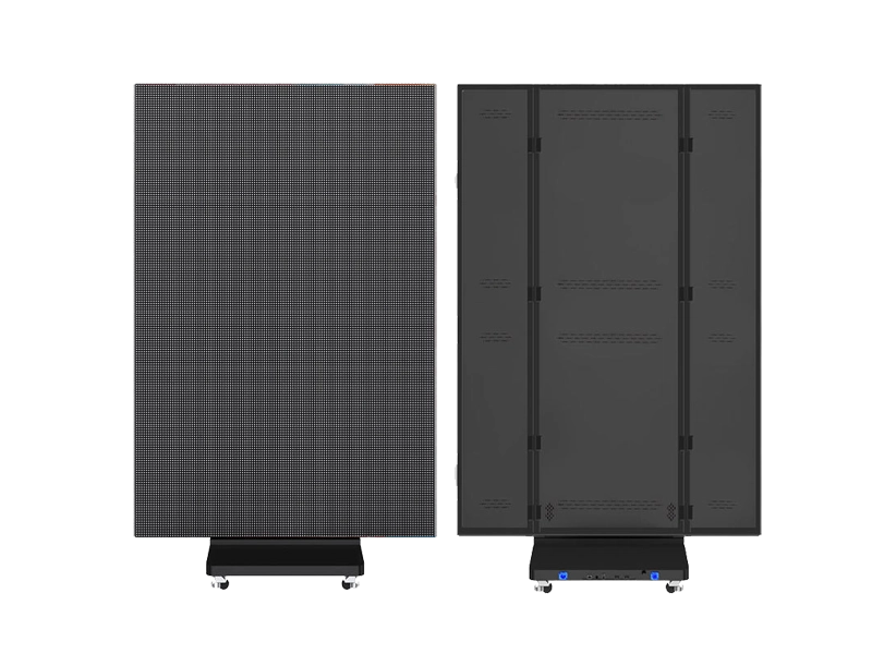 Rear view of Tri-fold LED poster showing multi-angle hinges and stand