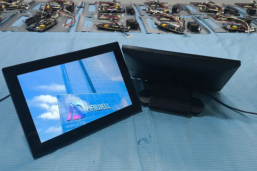 Adhaiwell 10.1 inch taxi LCD advertising screen on factory bench, car seat digital signage for ride-hailing fleet