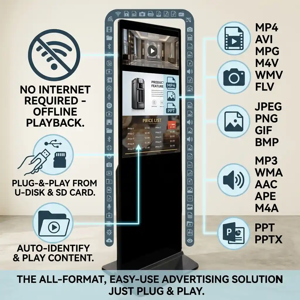 Single-sided non-touch digital poster kiosk from China manufacturer Adhaiwell, featuring offline USB and SD card plug-and-play with automatic content detection for retail stores.