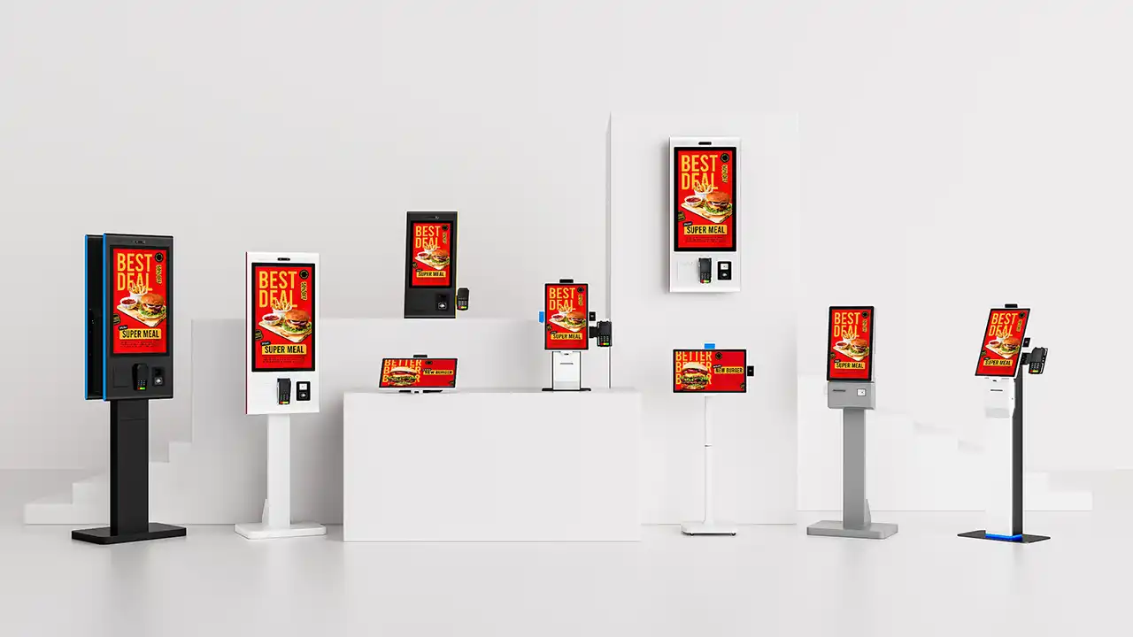 Full range of self-service kiosks: floor-standing, wall-mounted, countertop models with payment terminal, Adhaiwell OEM