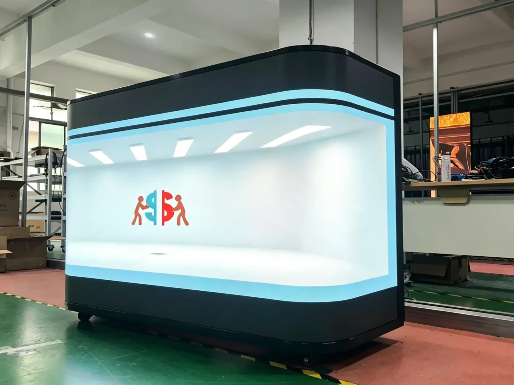 `Adhaiwell front desk counter LED display, naked‑eye 3D curved LED screen, China factory supplier for lobby reception front counter advertising digital signage with casters`