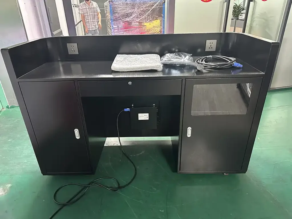 Adhaiwell front desk counter LED display rear view from China factory supplier, built‑in storage cabinet and power sockets for easy office power connection and neat cable management for reception projects