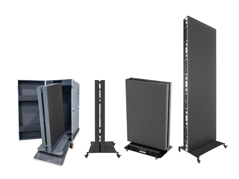 Compact flight case for foldable LED poster screens for global rental.