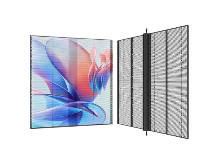70% transparent LED display mounted behind building glass curtain wall, showing vivid digital advertisement while preserving outdoor view and daylight