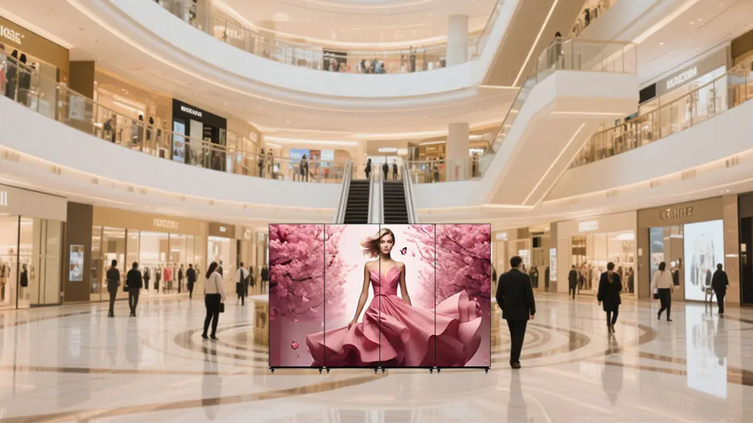 4-unit LED poster display wall showing a high-end fashion advertisement of a model in a pink dress, positioned in a luxury shopping mall atrium.

Caption: Transform commercial spaces with Adhaiwell’s large-scale multi-screen LED poster splicing, delivering a bezel-free video wall experience in high-traffic shopping centers.