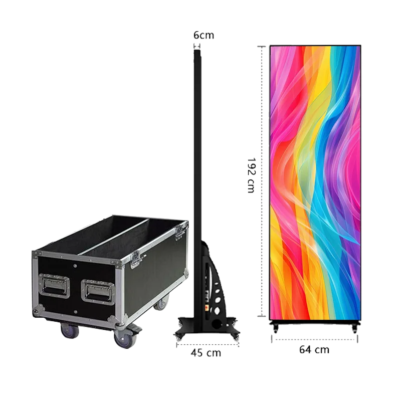 Ultra-slim standard digital LED poster display for retail and events, dimensions 640mm W x 1920mm H, with side profile dimensions 6cm D x 45cm Base, shown next to a heavy-duty transport flight case with wheels for easy moving.