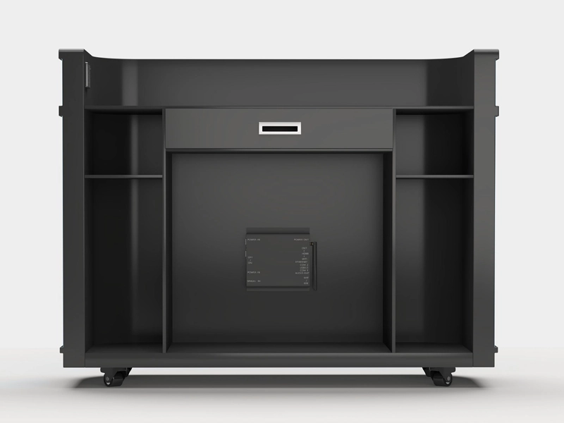 Adhaiwell curved front desk LED display with built-in cabinet and casters, showing control panel and storage compartments for reception office use