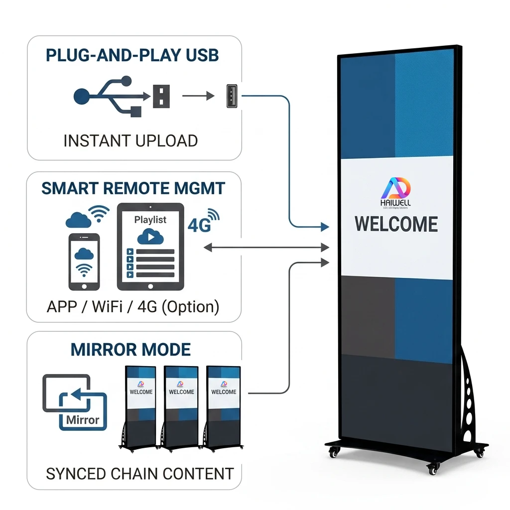 three ways to manage content on an Adhaiwell smart LED poster: Plug-and-Play USB, Smart Remote Management via App/WiFi/4G, and Mirror Mode for synchronized displays.