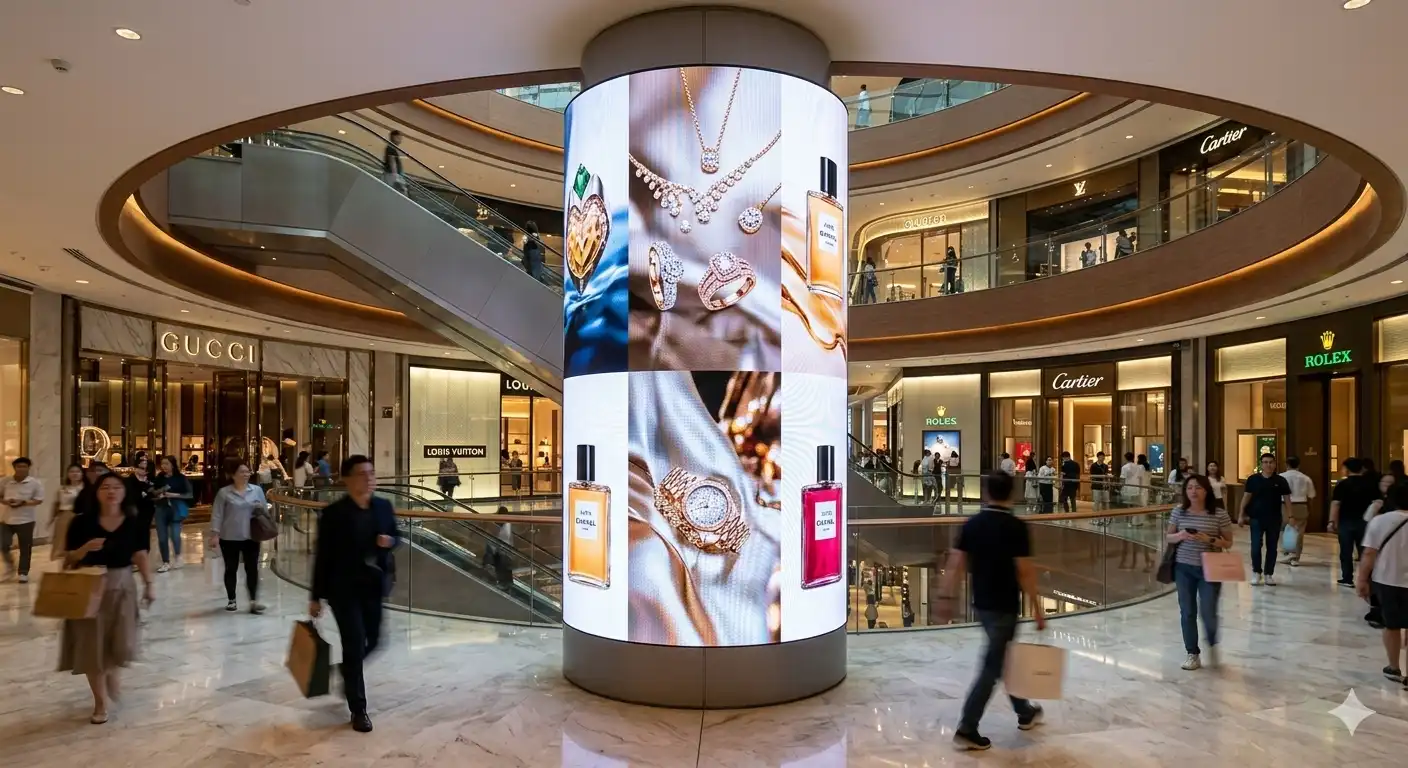 Seamless flexible LED video wall wrapped around a commercial pillar in a luxury shopping mall, displaying high-definition jewelry and perfume advertisements.