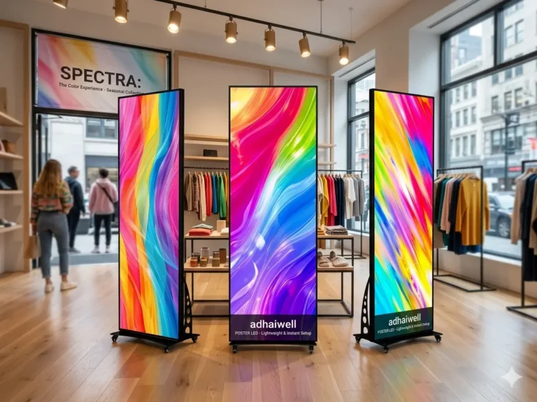 Three mobile Adhaiwell Poster LED displays with vibrant abstract graphics on stands, positioned in a modern temporary retail pop-up store to attract customers.