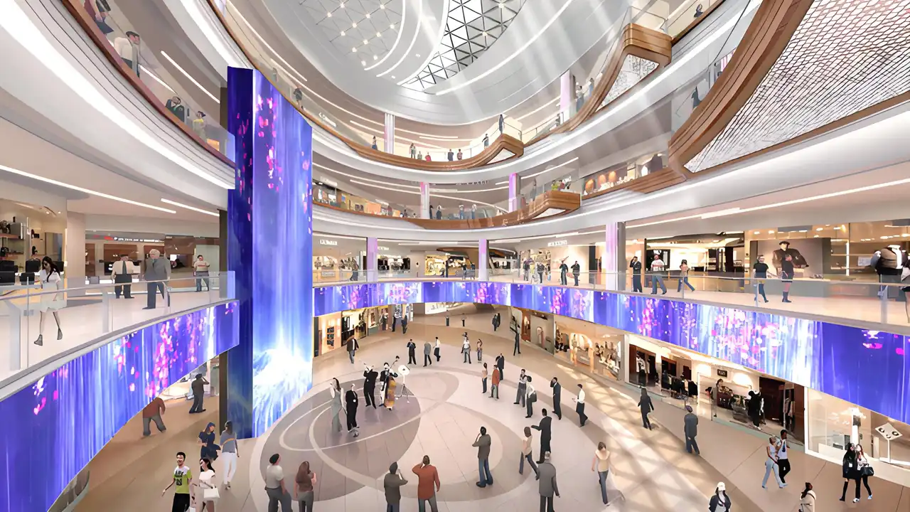 Grand mall atrium featuring a massive vertical LED display with dynamic blue lighting effects, creating an immersive shopping atmosphere for retail brands