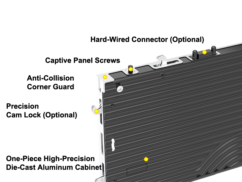 Adhaiwell T3-PRO fine pitch LED cabinet one-piece die-cast aluminum, anti-collision design, cam lock, hard-wired connection for global indoor LED projects