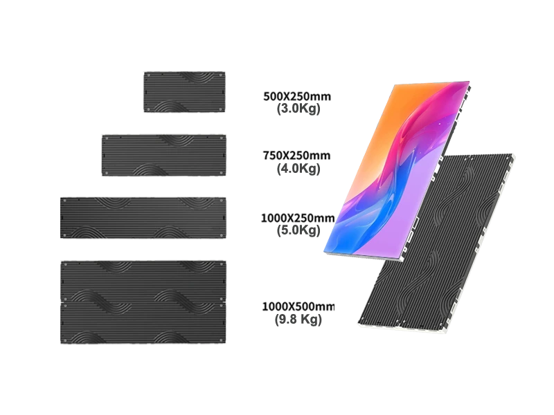 Adhaiwell T3-PRO fine pitch LED video wall die-cast aluminum cabinet size and weight options, including 500x250mm, 750x250mm, 1000x250mm, 1000x500mm for commercial indoor LED displays