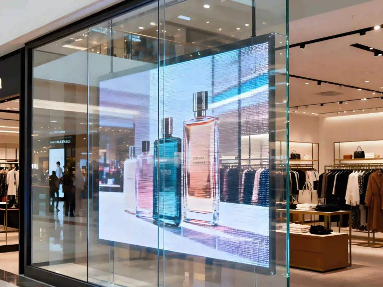 Transparent Adhaiwell LED display installed in a retail store window, showcasing perfume advertising content to capture pedestrian foot traffic
