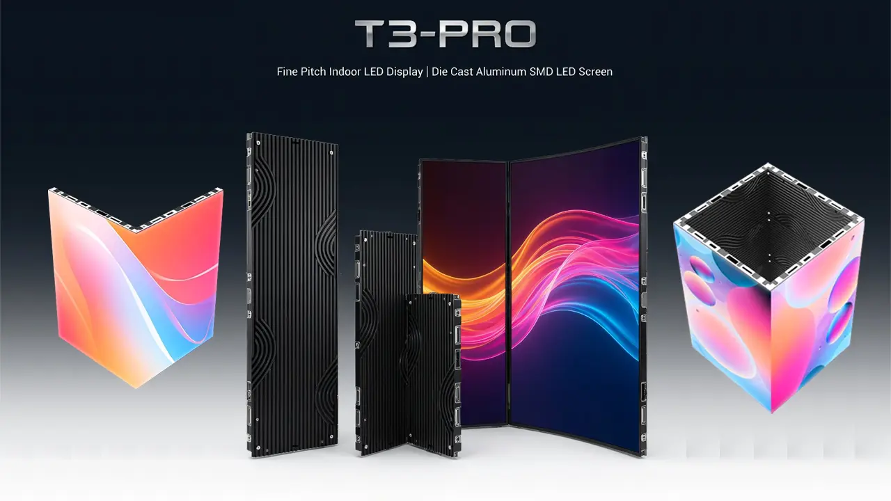 T3-PRO Fine Pitch Indoor LED Display with die-cast aluminum cabinet, showing modular panels and vibrant colorful wave display in a premium studio setting.