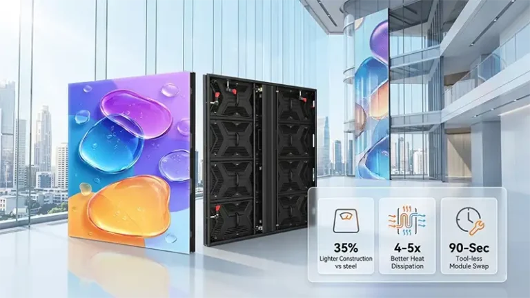 Modern outdoor LED display with aluminum profile alloy cabinet showing 35% weight reduction and passive heat sinks for commercial building facades.