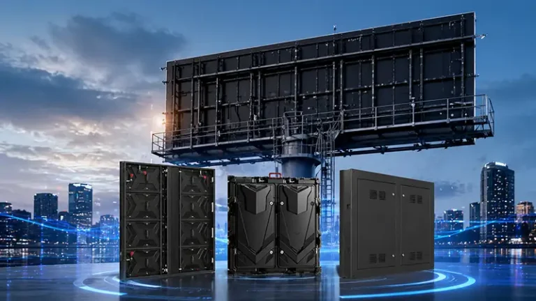 Three LED display cabinet rear structures (steel and aluminum) shown in a high-tech outdoor billboard installation environment with urban skyline background