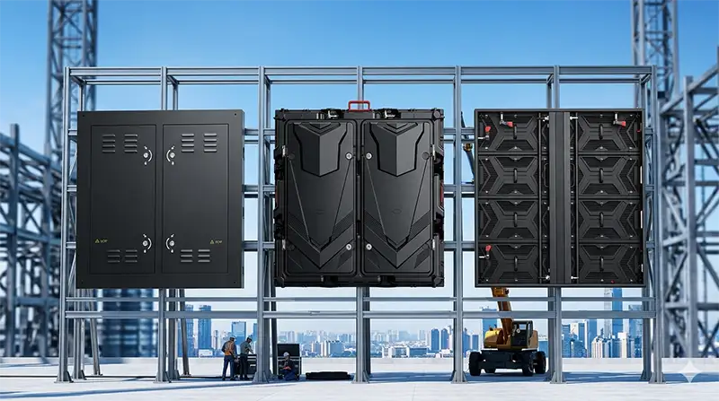 three industrial LED display cabinets—weatherproof steel housing and die-cast aluminum panels—mounted on a structural steel frame at a professional outdoor billboard installation site.