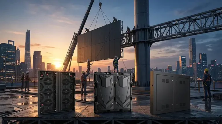 Three high-tech Adhaiwell outdoor LED display cabinets—die-cast aluminum, aluminum profile, and steel—shown from the rear view against a city sunset billboard installation background.