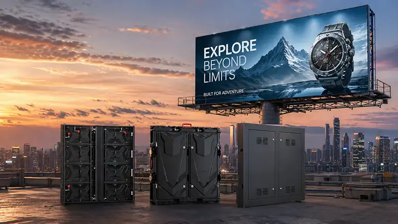 Three black Adhaiwell outdoor LED display cabinets featuring die-cast aluminum, modular aluminum profile, and robust steel designs, showcased at an installation site with a large billboard against a city skyline.