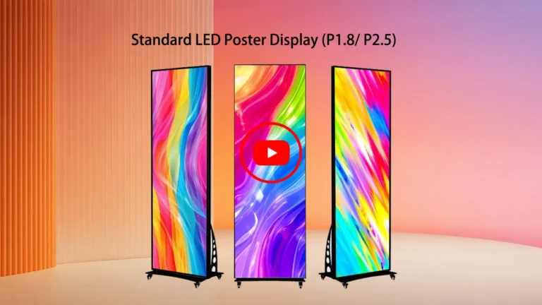 Standard slim LED poster display with flip-frame design showing three digital signage screens for seamless video wall and retail advertising