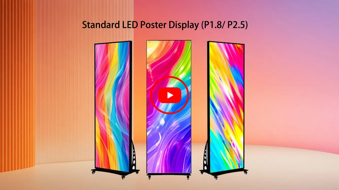 Standard slim LED poster display with flip-frame design showing three digital signage screens for seamless video wall and retail advertising