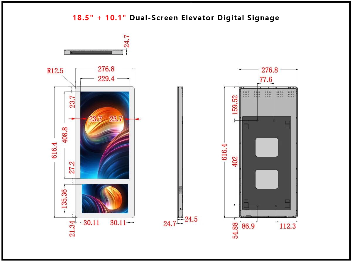 Adhaiwell dual-screen elevator digital signage datasheet, China manufacturer 18.5"+10.1" vertical elevator advertising display dimensions