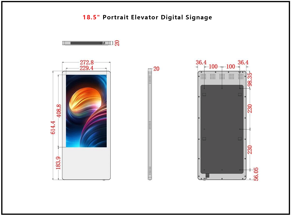 Adhaiwell 18.5" portrait elevator digital signage technical drawing, China manufacturer vertical elevator advertising display dimensions