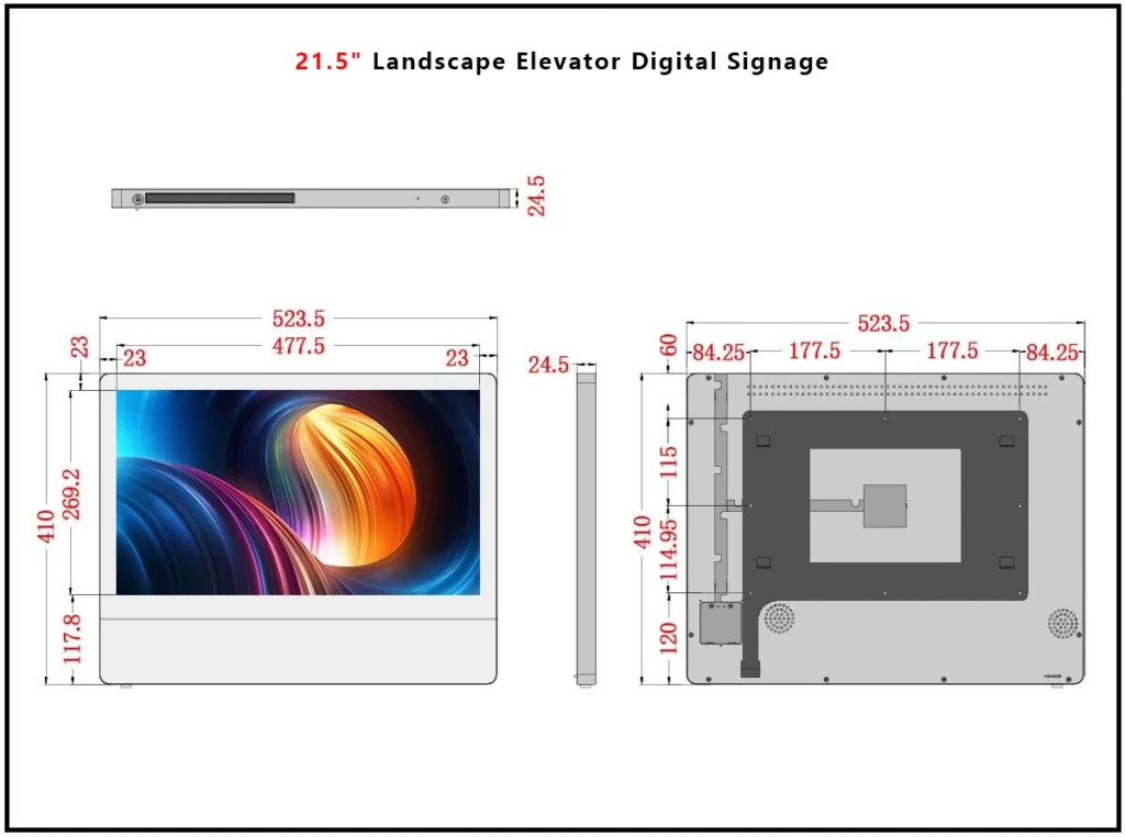 Adhaiwell 21.5" landscape elevator digital signage dimension drawing, China manufacturer wide-format horizontal elevator advertising display specifications