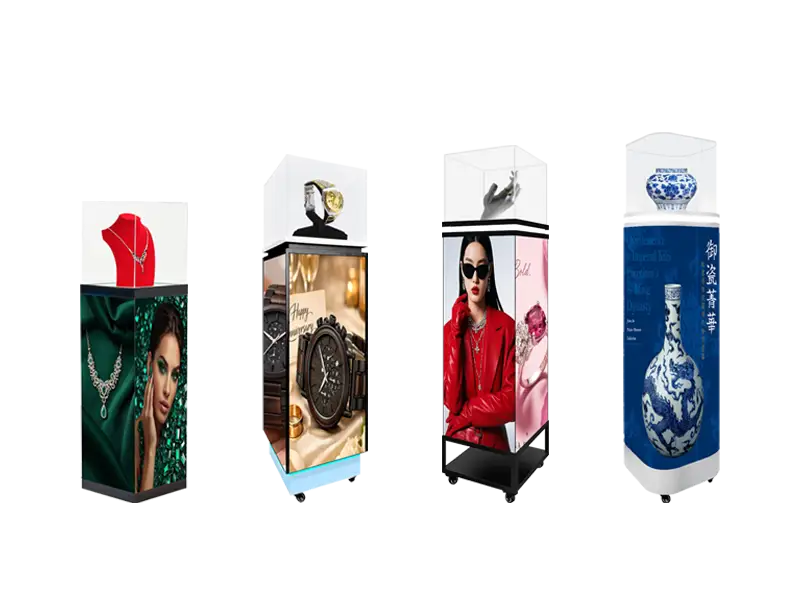 Adhaiwell 3D LED Pedestal Display Case series, China manufacturer, 4 styles for jewelry, watches, museum artifacts & exhibitions