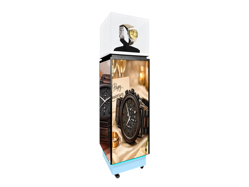 Adhaiwell 3D LED Pedestal Display Case, China manufacturer 4-sided LED showcase for watch boutiques and luxury retail