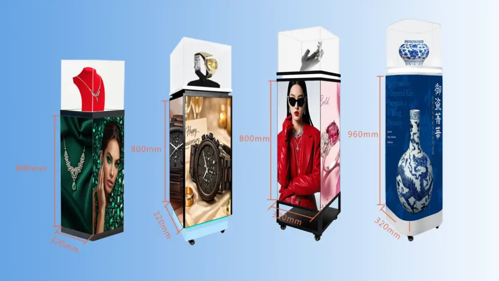 How to Choose a 3D LED Pedestal Display Case for Luxury Retail 2 Adhaiwell 4 styles 3D LED pedestal display cases, China manufacturer CrystalView showcase series for jewelry, watches & museum use